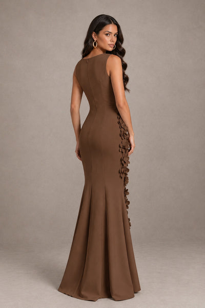 BOLODOO Brown Bateau Neck Sleeveless Asymmetric Peplum 3D Petal Appliqué Mermaid Gown BD0421 - Brown - Brown_2