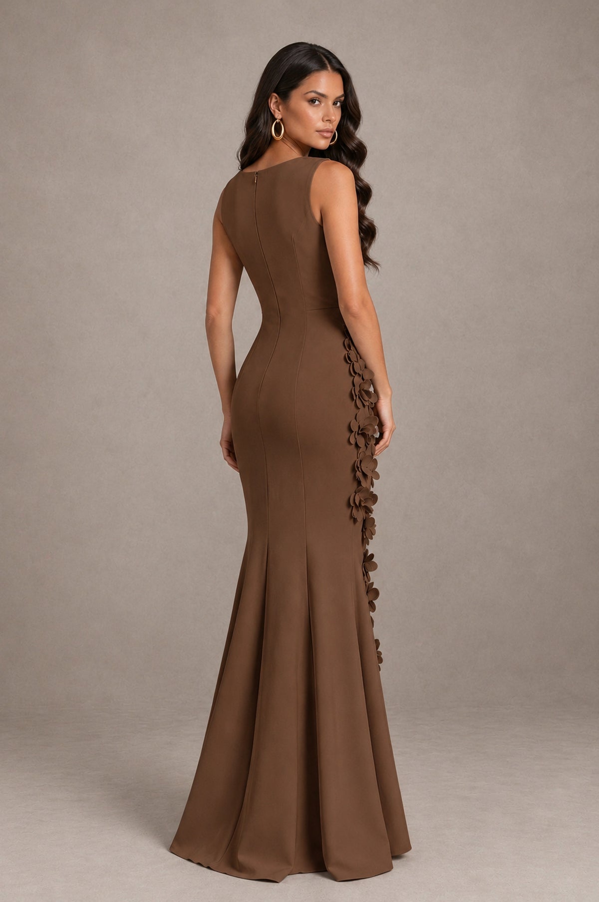 BOLODOO Brown Bateau Neck Sleeveless Asymmetric Peplum 3D Petal Appliqué Mermaid Gown BD0421 - Brown - Brown_2