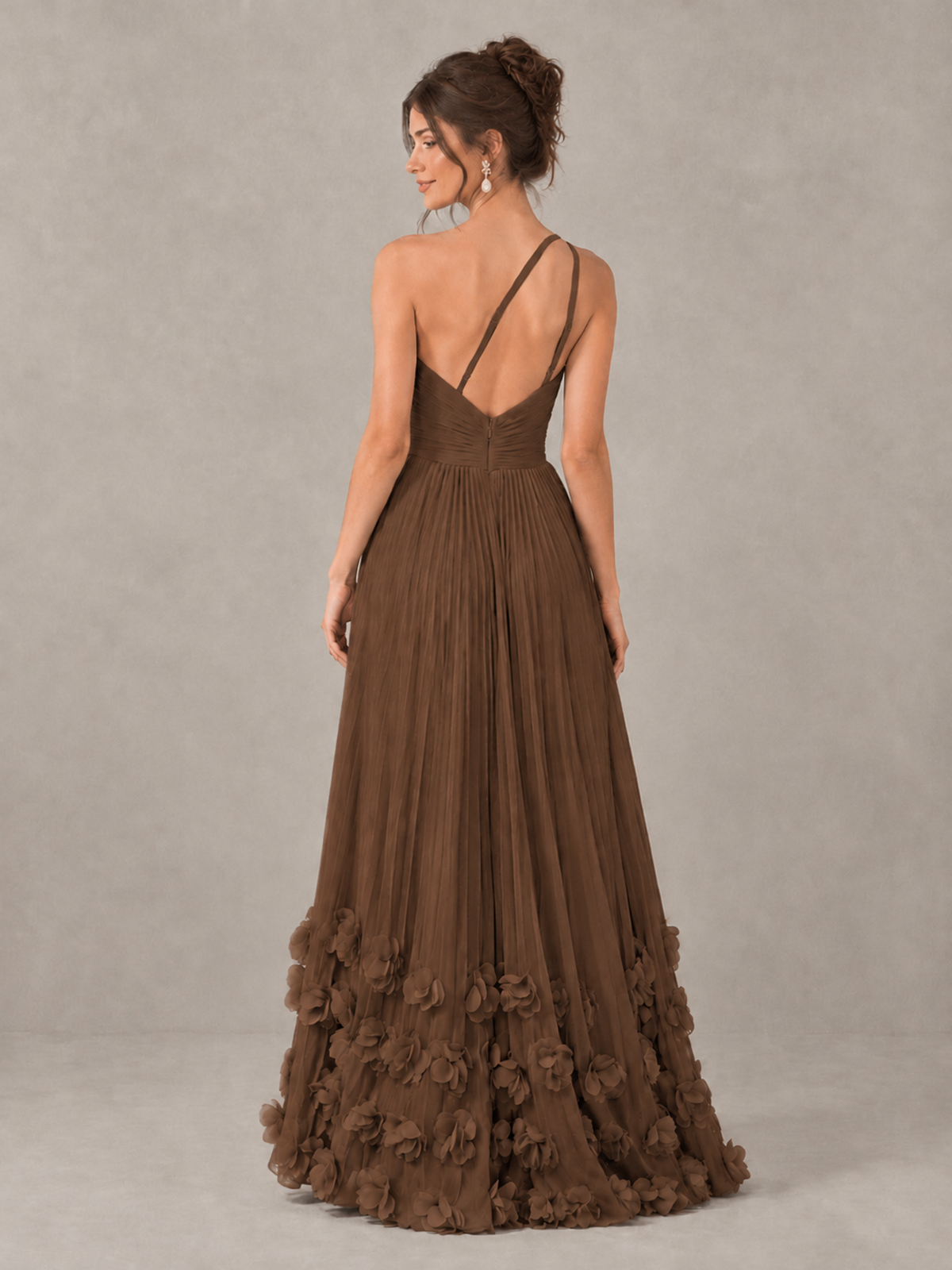 BOLODOO Brown One-Shoulder Pleated Bridesmaid Dress with 3D Floral Hem - Brown - Brown_2