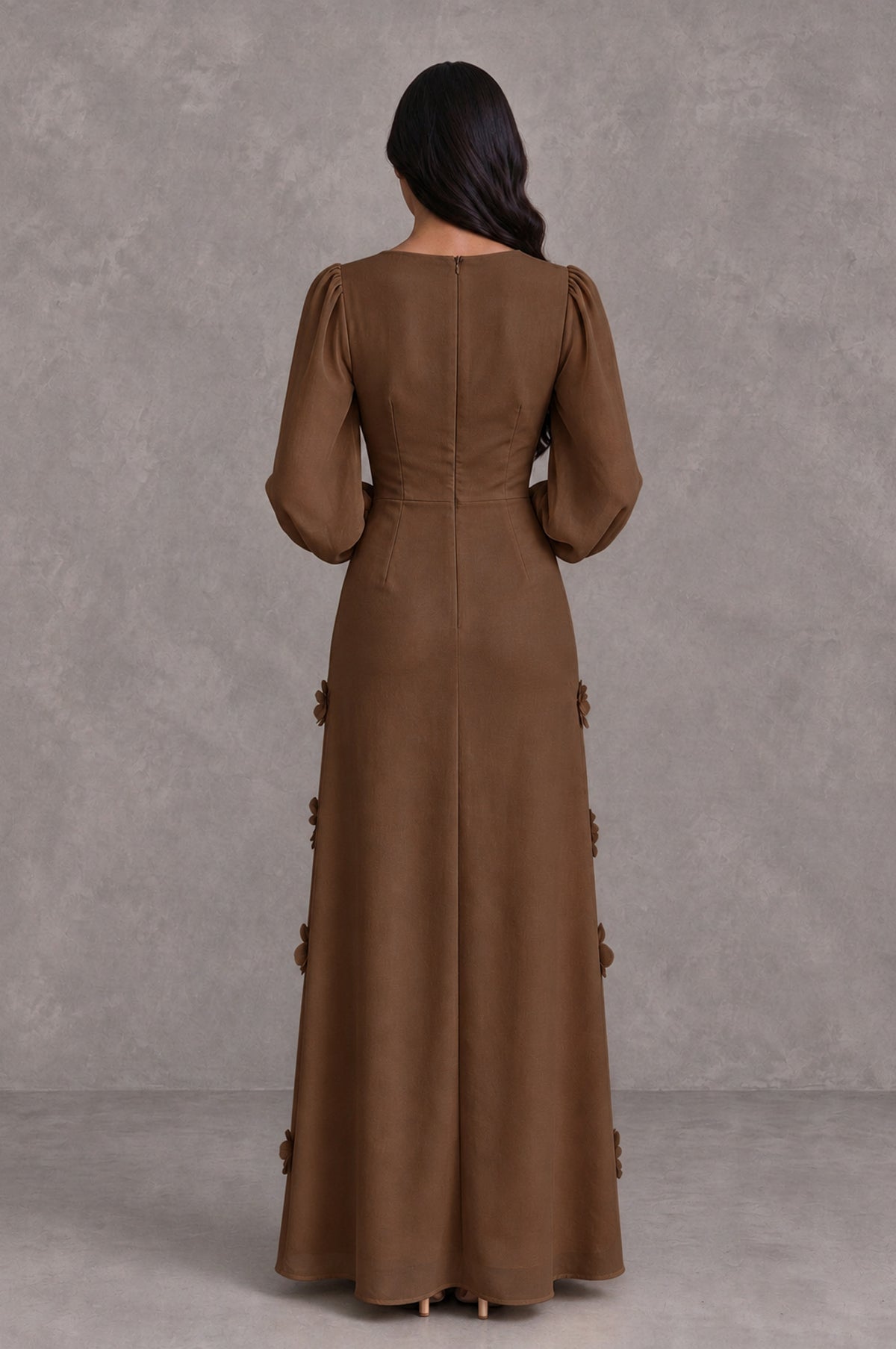 BOLODOO Brown Long Sleeve Floral Applique A-Line Evening Dress - Brown - Brown_2