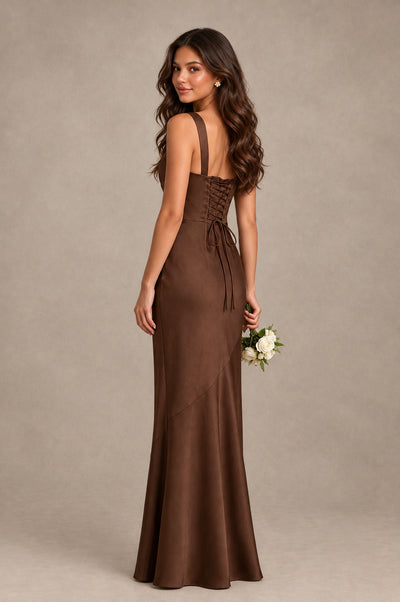 BOLODOO Brown Square Neck Ruched Satin Lace-Up Bridesmaid Dress - Brown - Brown_2