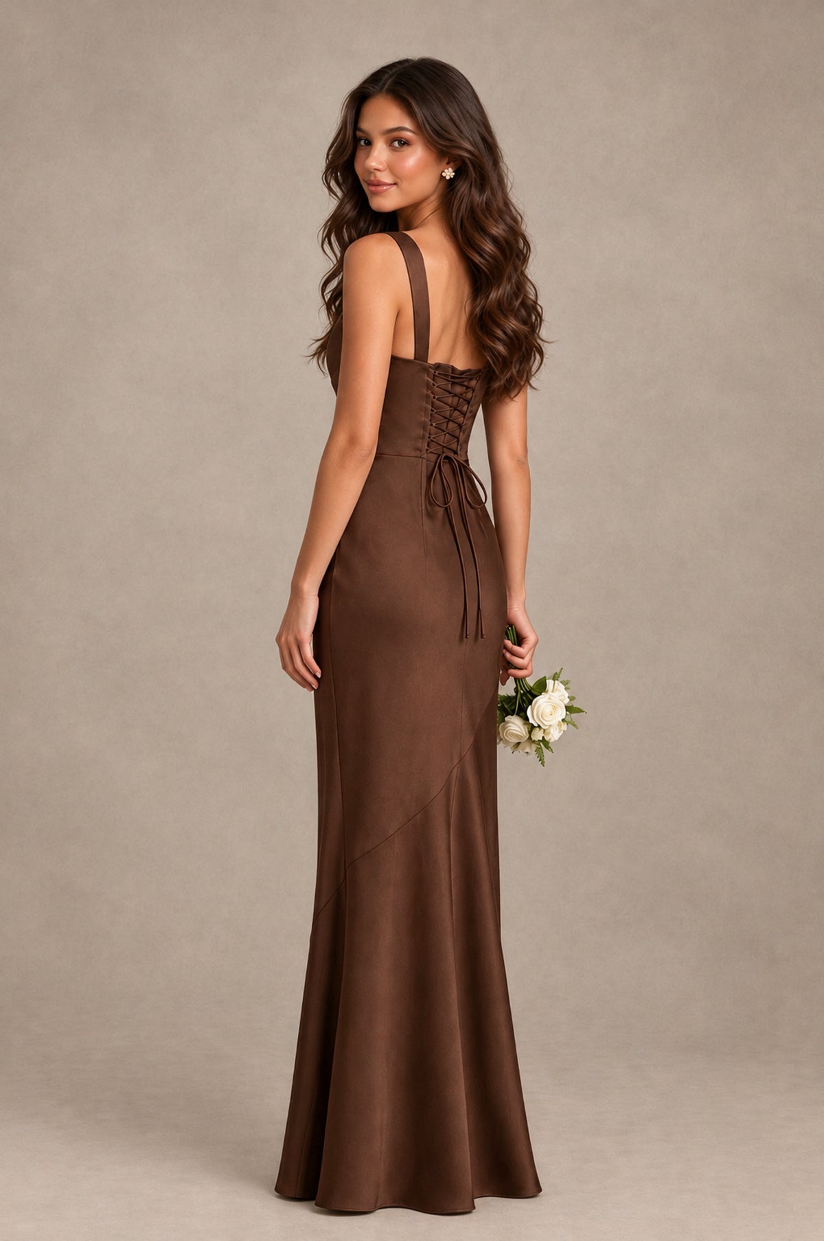 BOLODOO Brown Square Neck Ruched Satin Lace-Up Bridesmaid Dress - Brown - Brown_2