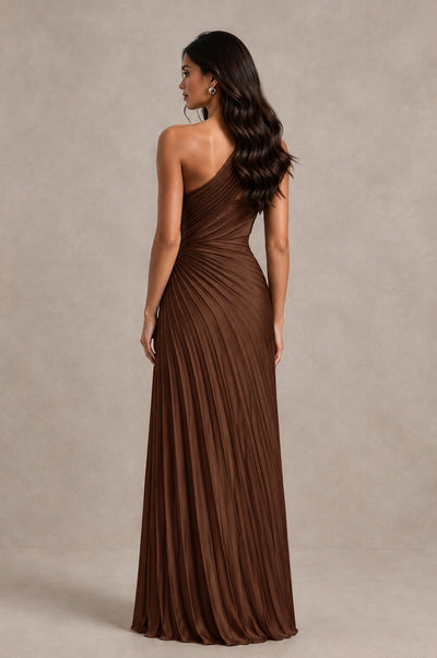 BOLODOO Brown One Shoulder Pleated Evening Dress with Ruched Waist and High Slit - Brown - Brown_2