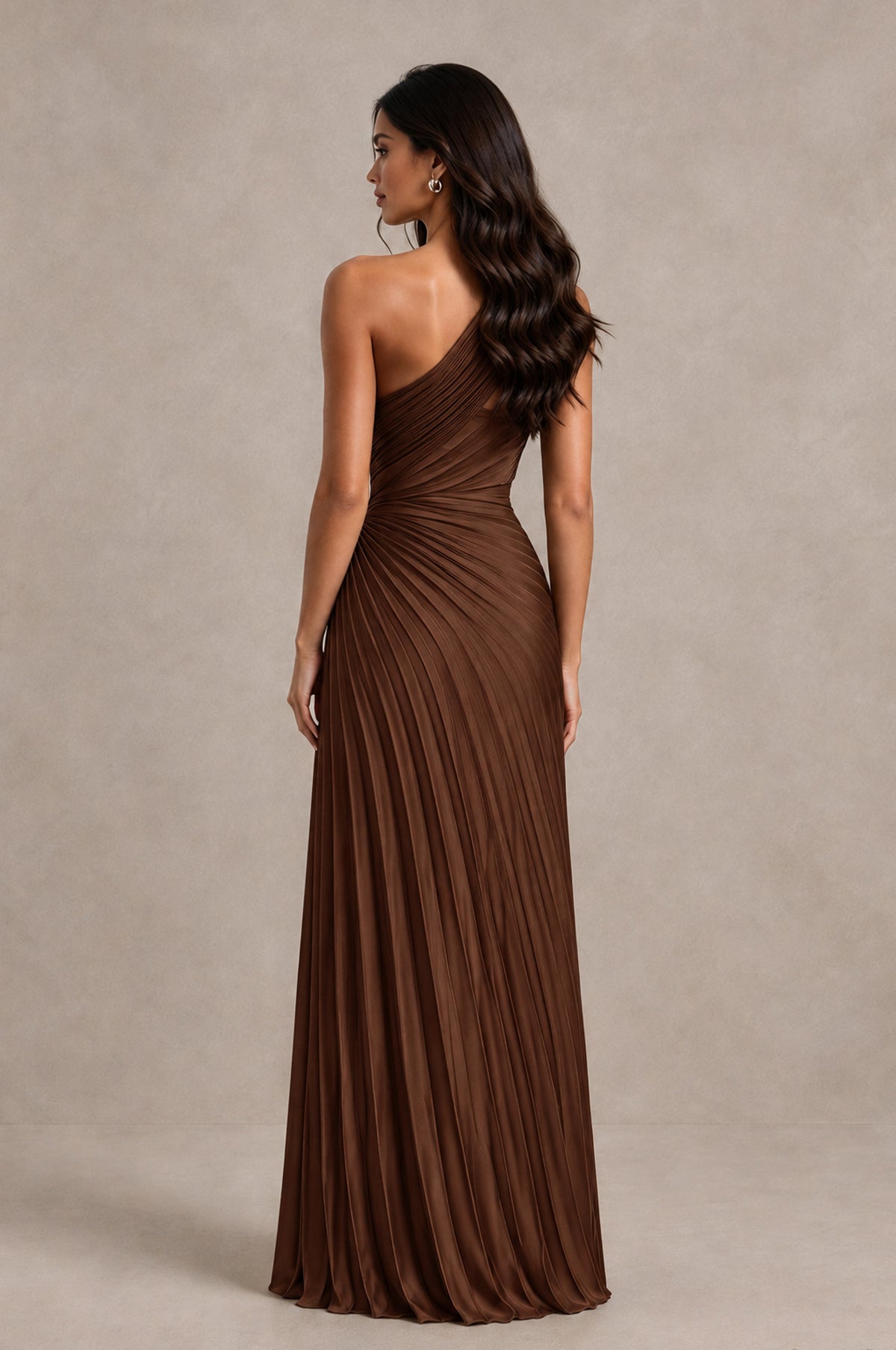 BOLODOO Brown One Shoulder Pleated Evening Dress with Ruched Waist and High Slit - Brown - Brown_2