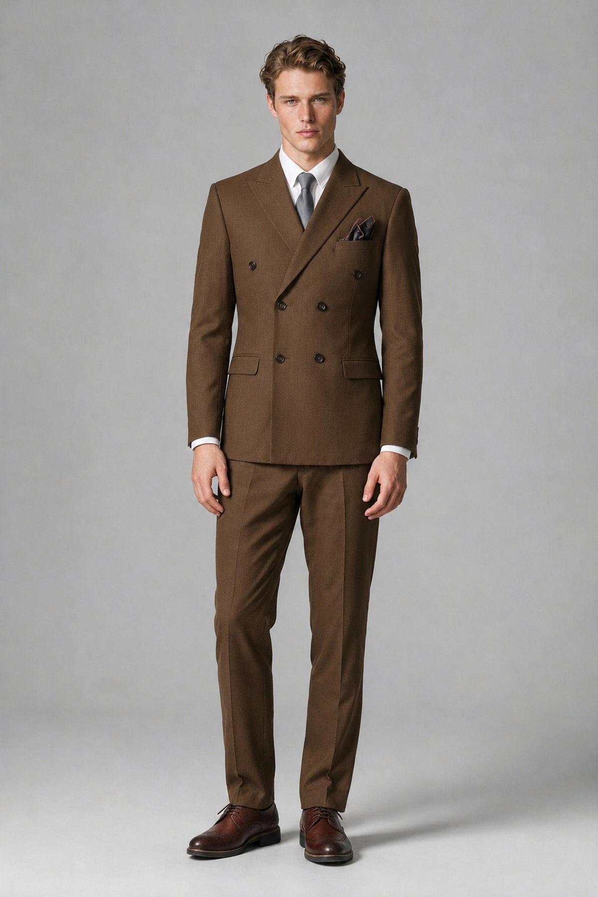 Bolodoo Men's Brown Double-Breasted Two-Piece Suit with Peak Lapels - Brown - Brown_2