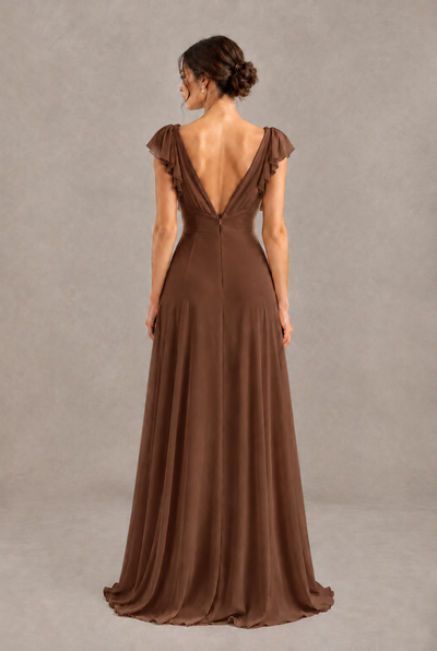 BOLODOO Brown V-Neck Flutter Sleeve A-Line Bridesmaid Dress - Brown - Brown_2