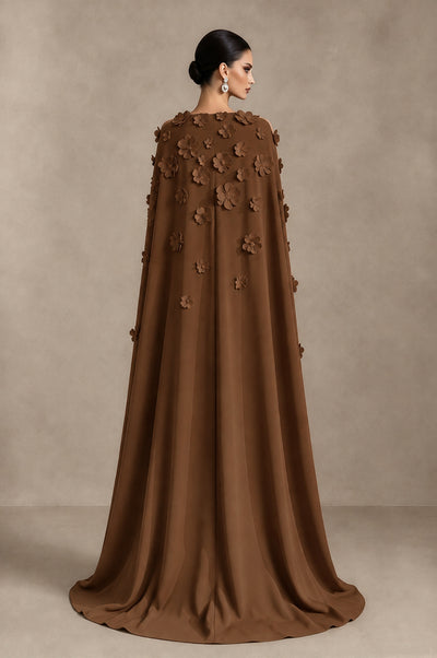 BOLODOO Brown 3D Floral Applique Cape Formal Dress - Brown - Brown_2