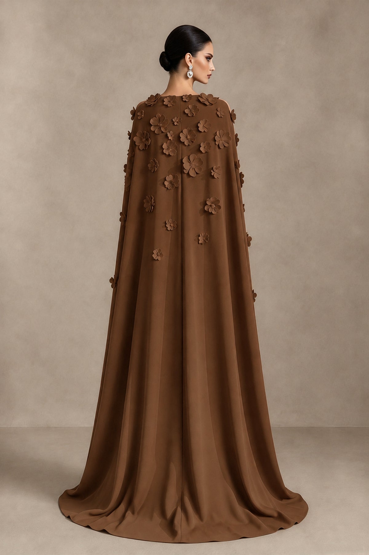 BOLODOO Brown 3D Floral Applique Cape Formal Dress - Brown - Brown_2