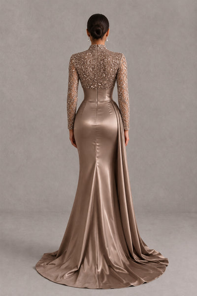 BOLODOO Brown Long Sleeve Embellished Satin Mermaid Evening Gown - Brown - Brown_2