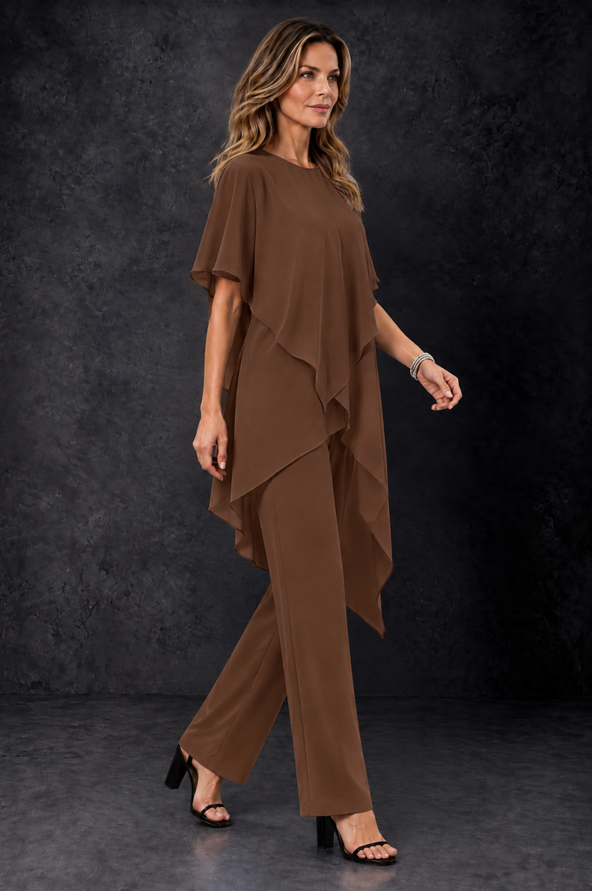 BOLODOO Brown Chiffon Two Piece Mother of the Bride Pant Suit - Brown - Brown_2