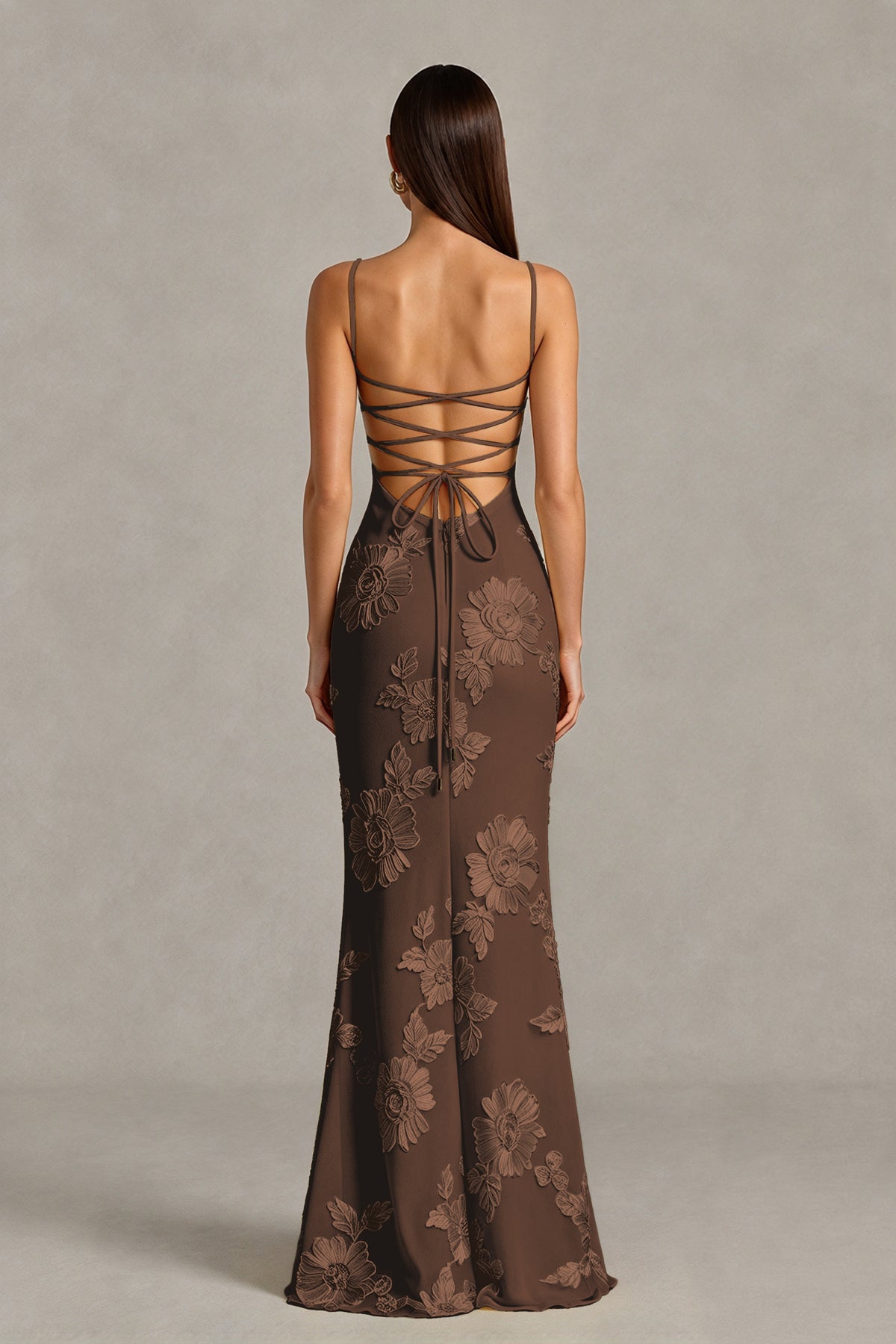 BOLODOO Brown Floral Lace-Up Back Mermaid Maxi Dress - Brown