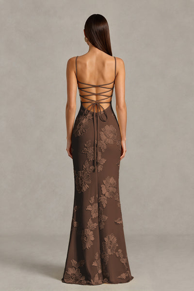 BOLODOO Brown Floral Lace-Up Back Mermaid Maxi Dress - Brown