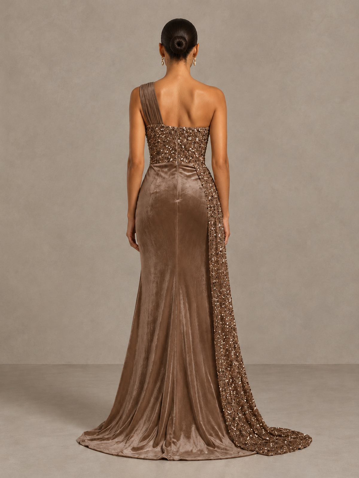 BOLODOO Brown One-Shoulder Satin Sequin Gown with High Slit - Brown - Brown_2