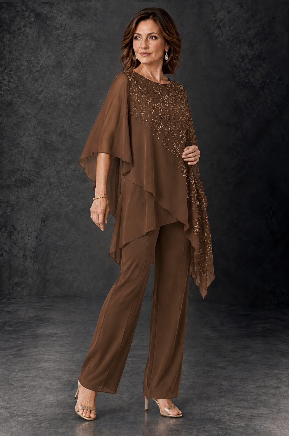 BOLODOO Brown Embellished Cape Pant Suit for Mother of the Bride - Brown - Brown_2