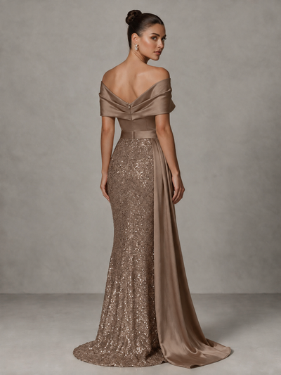 BOLODOO Brown Sequin Mermaid Evening Dress with Off-Shoulder Satin Drape and Sweep Train - Brown - Brown_2