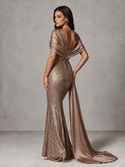 BOLODOO Brown Sequin Mermaid Evening Dress with Off-Shoulder Satin Drape and Sweep Train - Brown - Brown_2