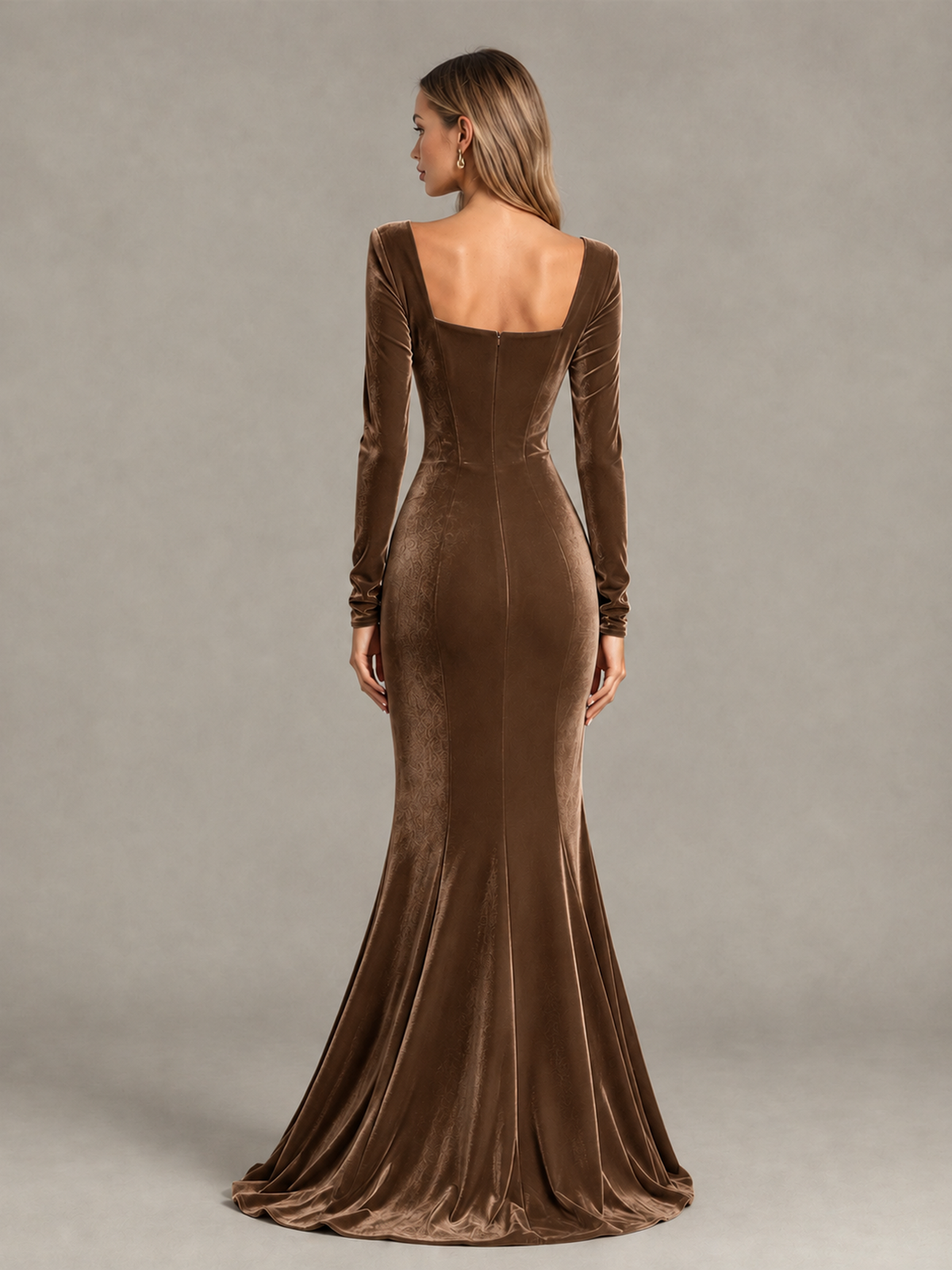 BOLODOO Brown Velvet-Look Square Neck Long Sleeve Mermaid Evening Dress - Brown - Brown_2