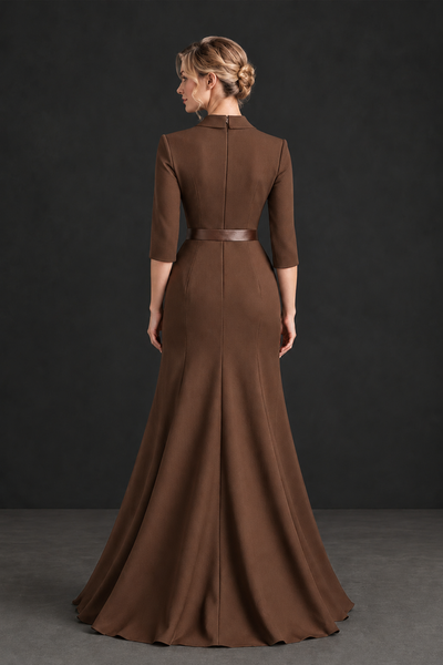 BOLODOO Brown Lapel Ruffle Mother of the Bride Dress with Belt - Brown - Brown_2