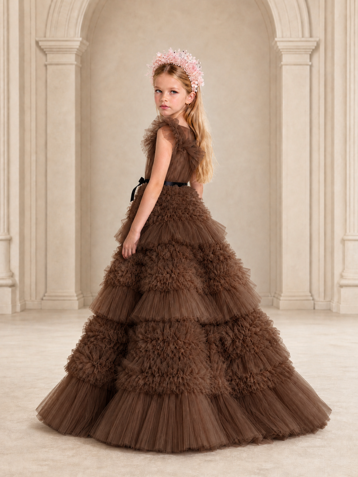 BOLODOO Brown Tiered Tulle Flower Girl Dress with Floral Appliques - Brown - Brown_2