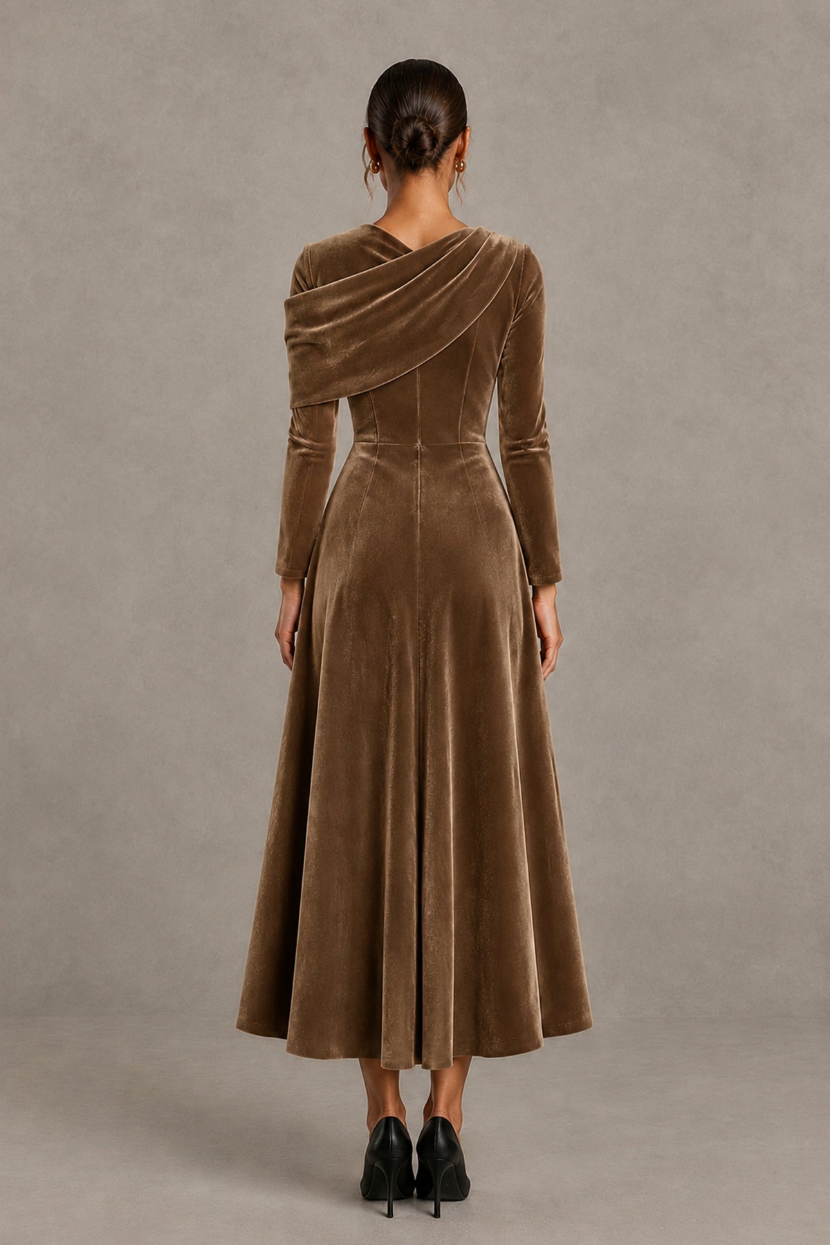 BOLODOO Brown Velvet-Look Long Sleeve Tea-Length A-Line Dress with Draped Neckline - Brown - Brown_2