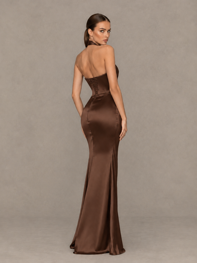 BOLODOO Brown Cross-Halter Ruched Satin-Look Evening Gown with High Slit - Brown - Brown_2