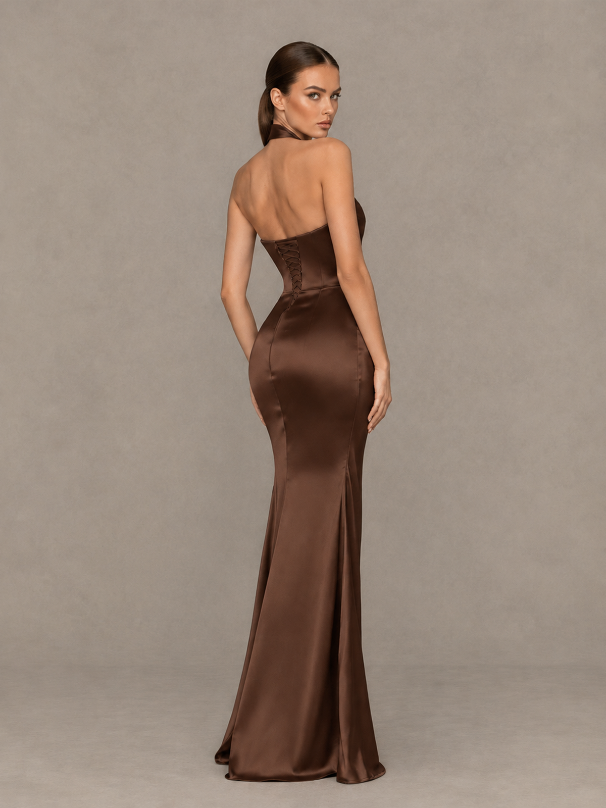 BOLODOO Brown Cross-Halter Ruched Satin-Look Evening Gown with High Slit - Brown - Brown_2