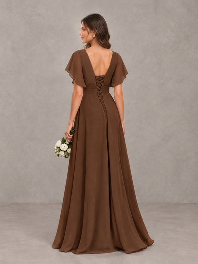 BOLODOO Brown Flutter Sleeve V-Neck Bridesmaid Dress with Ruffle Slit - Brown - Brown_2