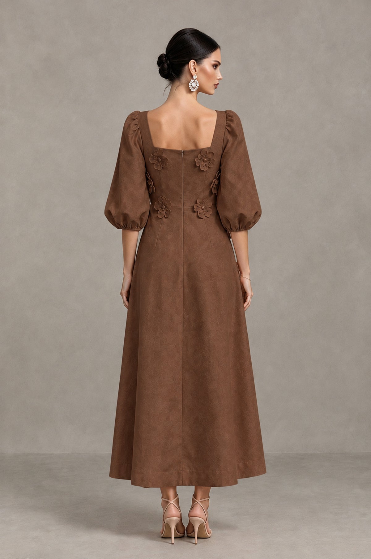 BOLODOO Brown 3D Floral Puff Sleeve Midi Cocktail Dress - Brown - Brown_2