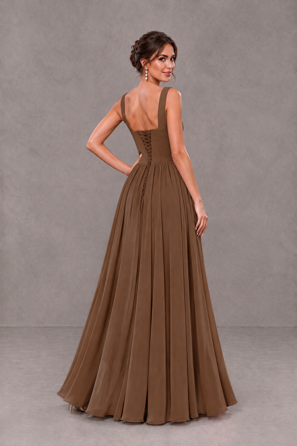BOLODOO Brown Square Neck A-Line Bridesmaid Dress with Slit - Brown - Brown_2