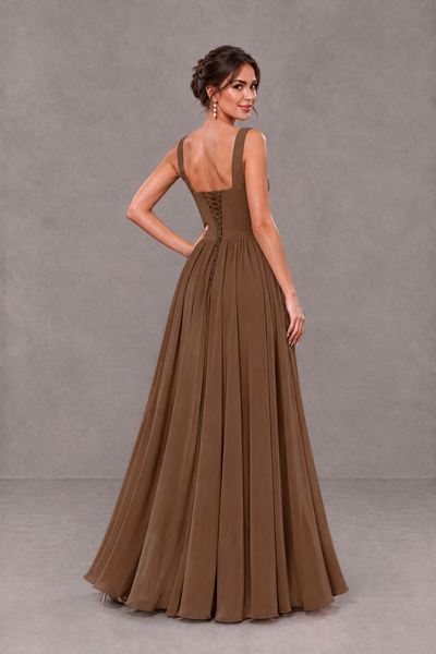 BOLODOO Brown Square Neck A-Line Bridesmaid Dress with Slit - Brown - Brown_2