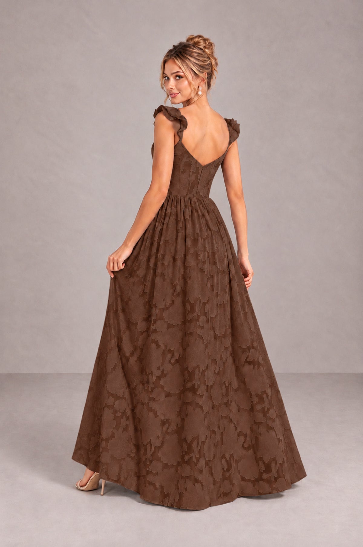 BOLODOO Brown Floral A-Line Bridesmaid Dress with Slit Ruffle Straps Maxi Gown - Brown - Brown_2