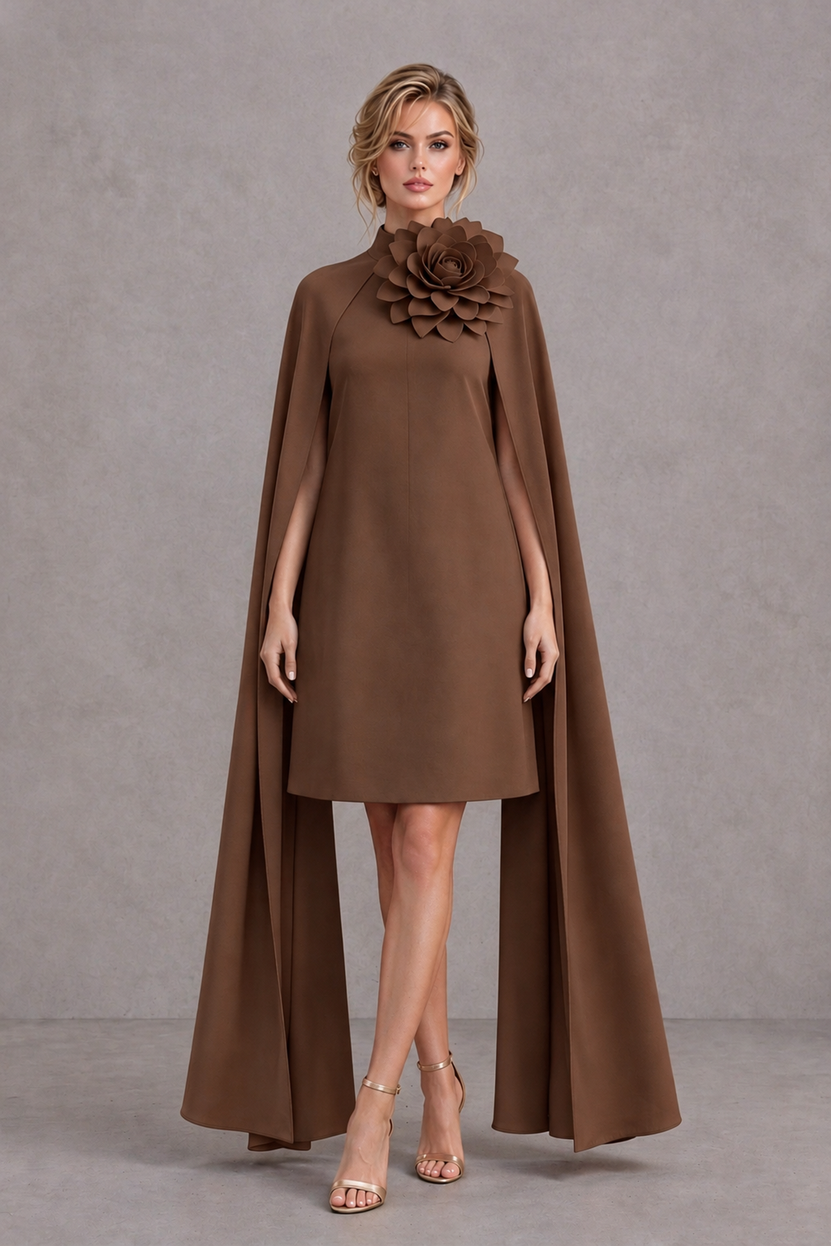 BOLODOO Brown High Neck Floral Cape Mini Cocktail Dress - Brown - Brown_2