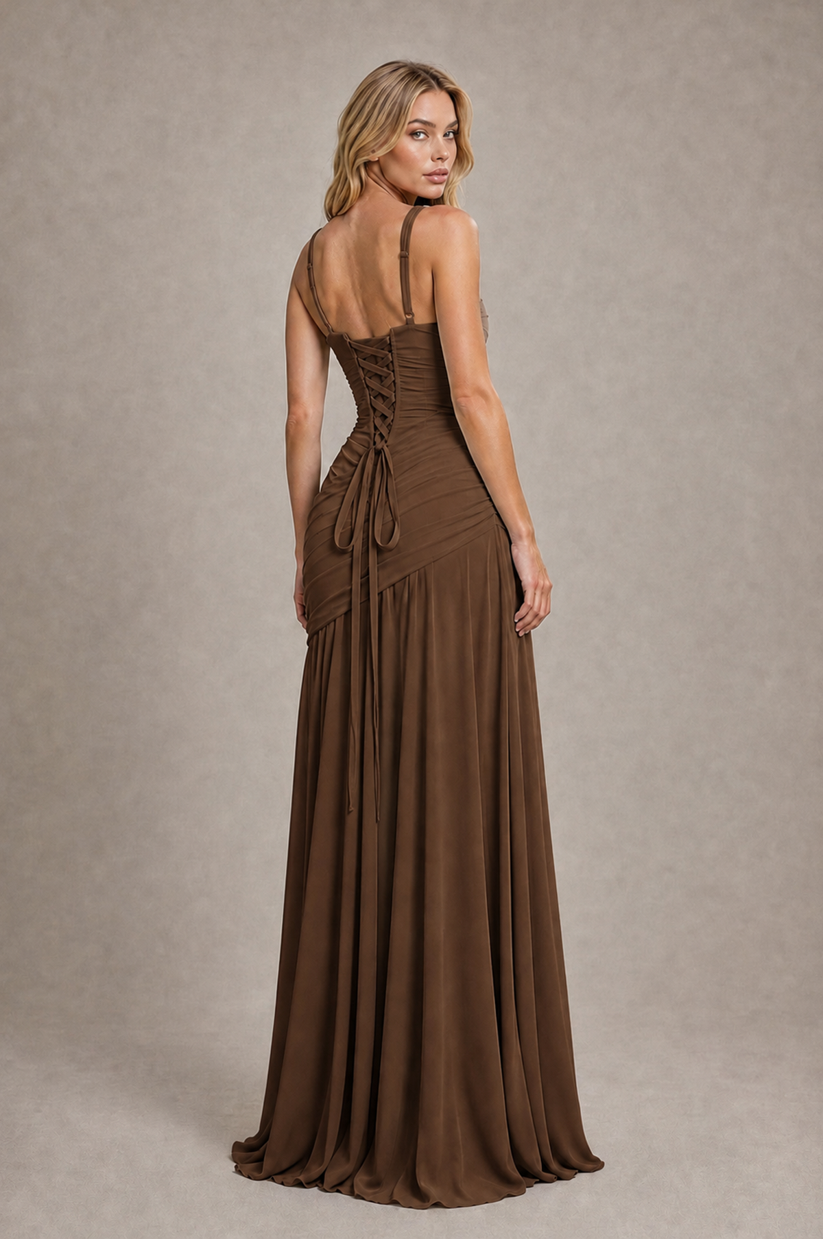 BOLODOO Brown Spaghetti Strap Ruched Maxi Dress – Formal Evening Gown with Slit - Brown - Brown_2