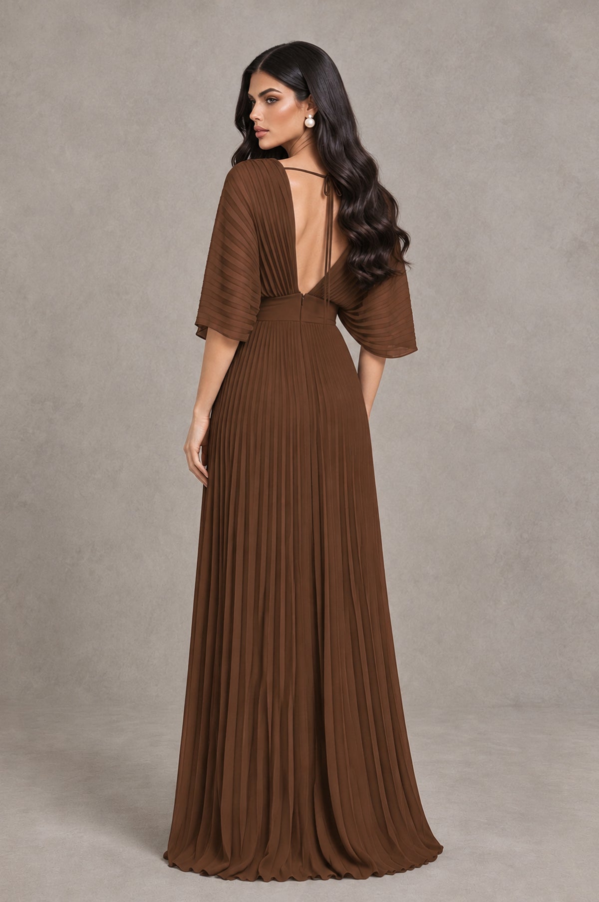 BOLODOO Brown V-Neck Pleated Flutter Sleeve Formal Dress - Brown - Brown_2