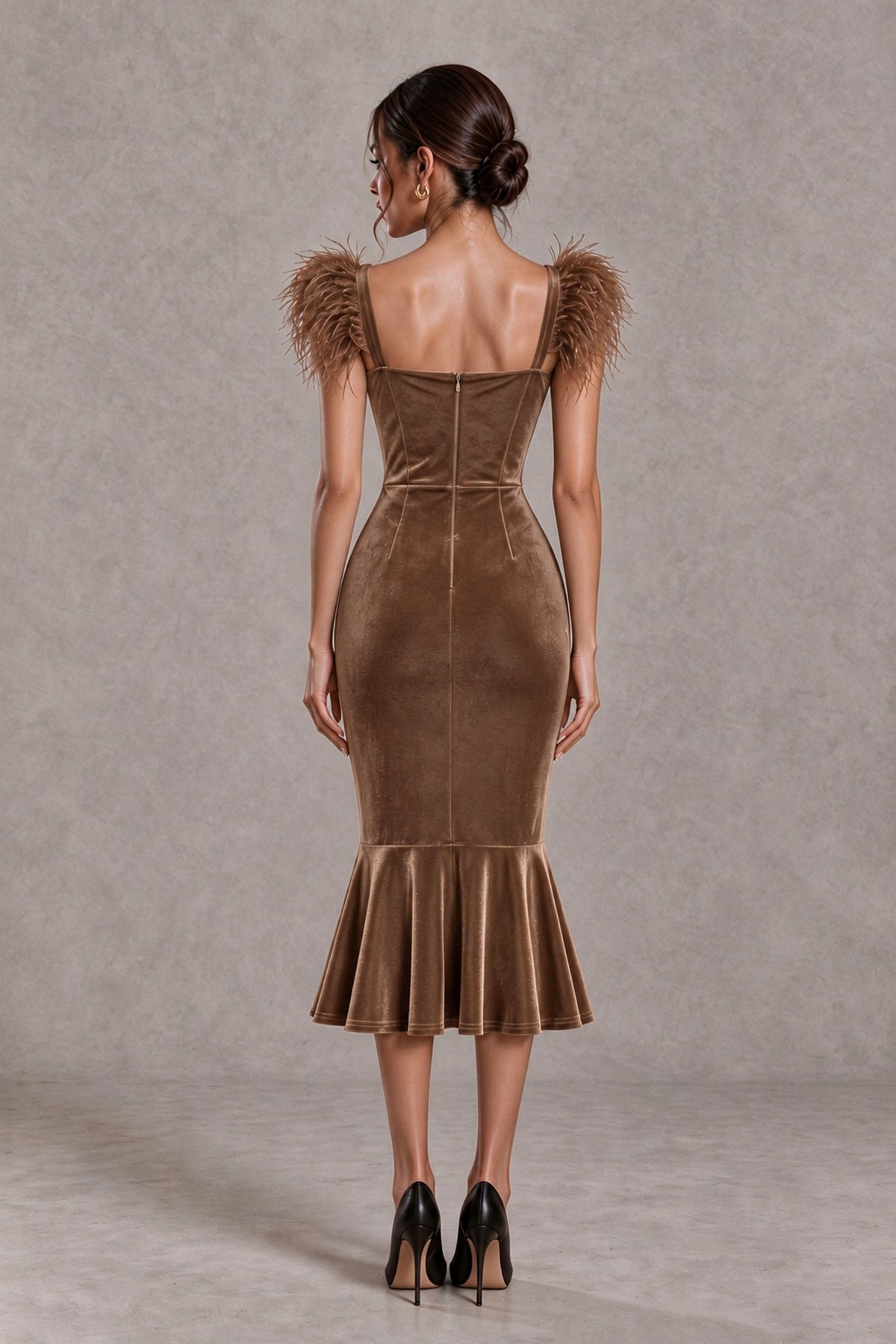 BOLODOO Brown Feather-Trim Velvet-Look Mermaid Midi Dress - Brown - Brown_2