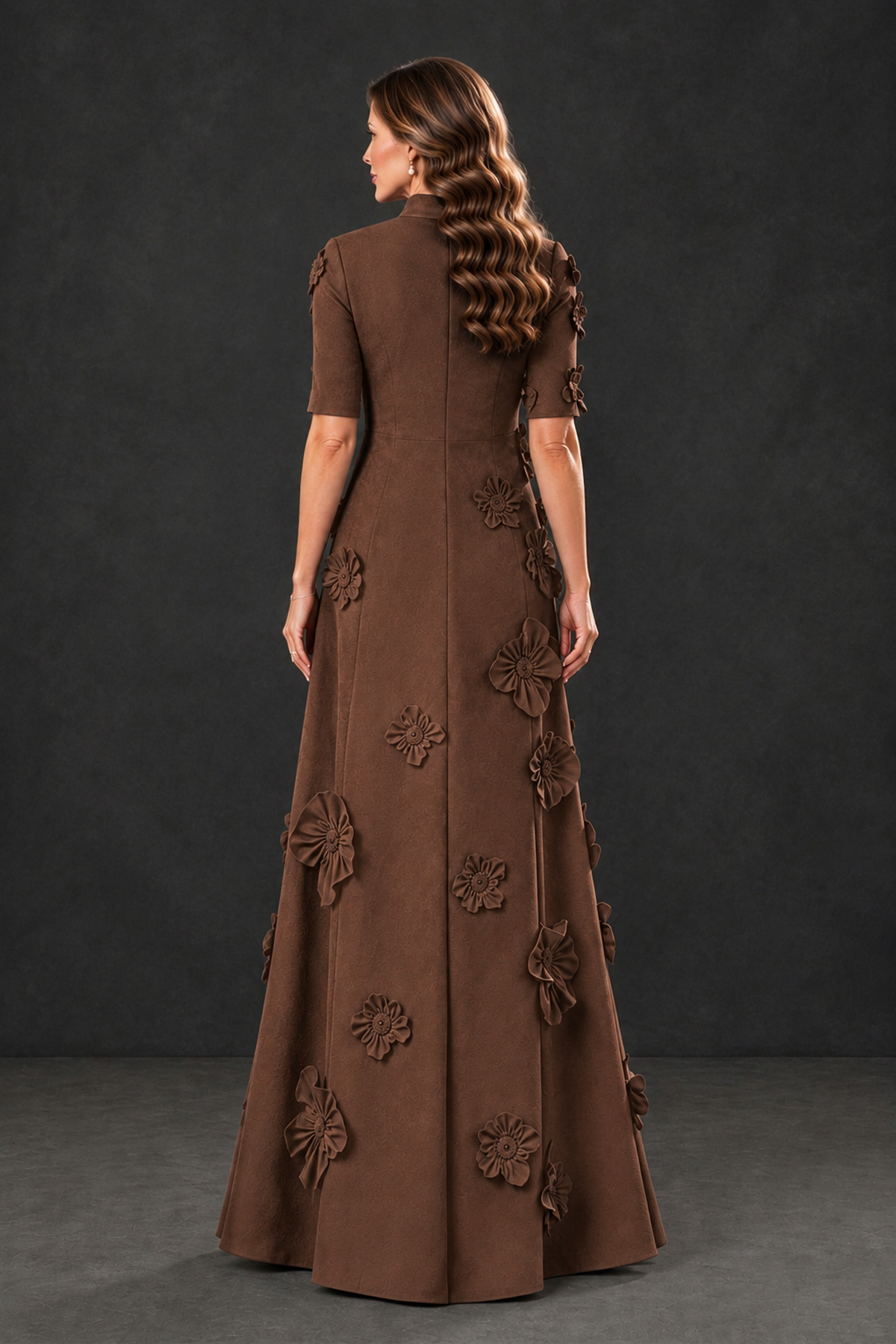 BOLODOO Brown Floral Applique High-Neck Half-Sleeve Gown - Brown - Brown_2