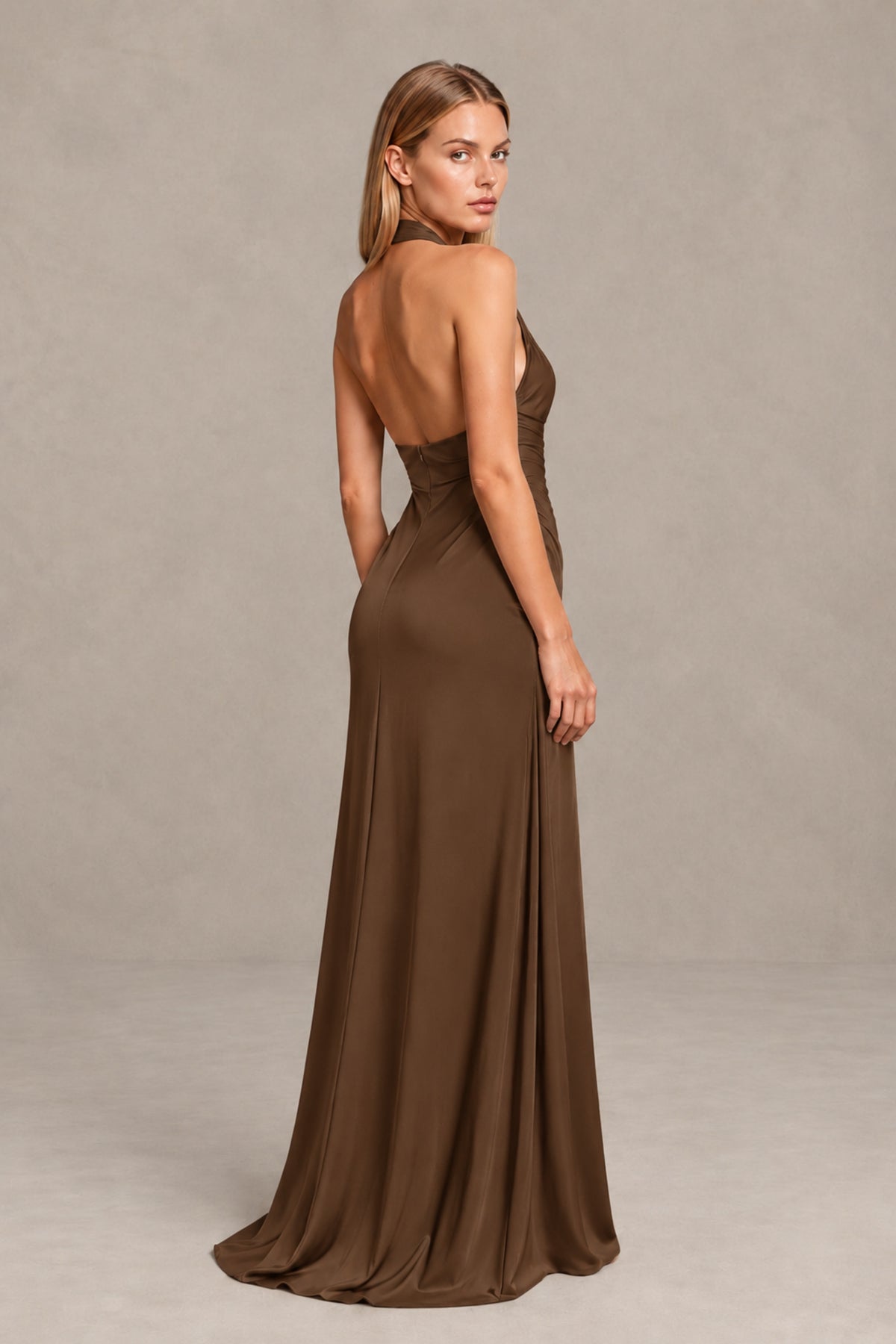 BOLODOO Brown Twisted Halter Neck Ruched Sleeveless Open Back Floor-Length Gown - Brown - Brown_2
