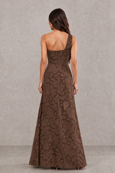BOLODOO Brown One-Shoulder Floral Textured Maxi Dress with High Slit - Brown - Brown_2