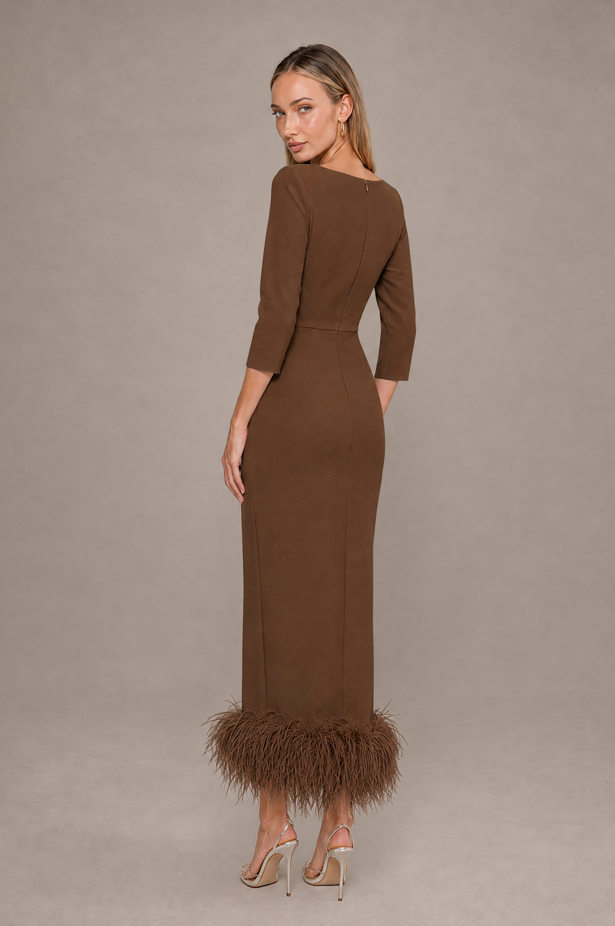 BOLODOO Brown Feather-Trim Twist-Waist Midi Dress - Brown - Brown_2