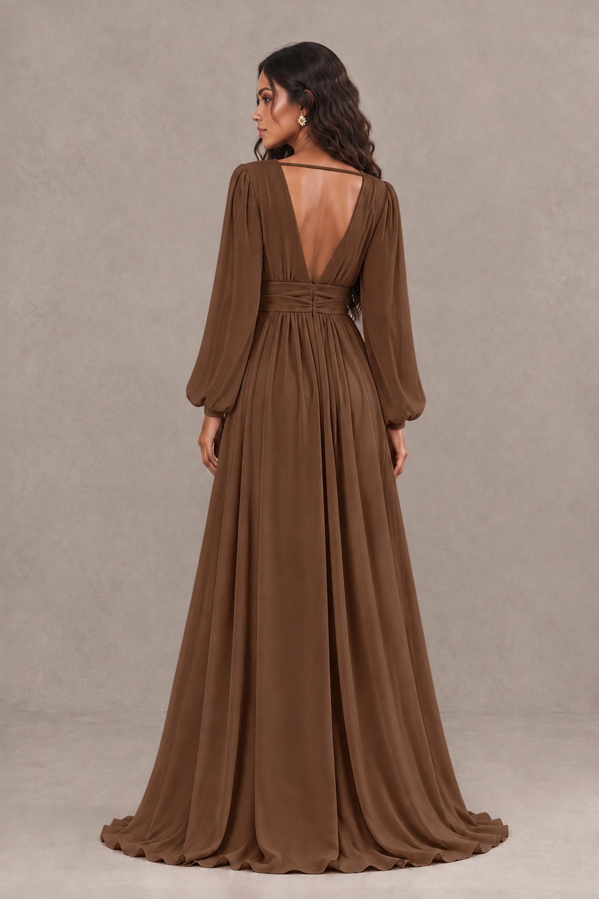 BOLODOO Brown Long Sleeve V-Neck A-Line Gown with Open Back & Slit - Brown - Brown_2