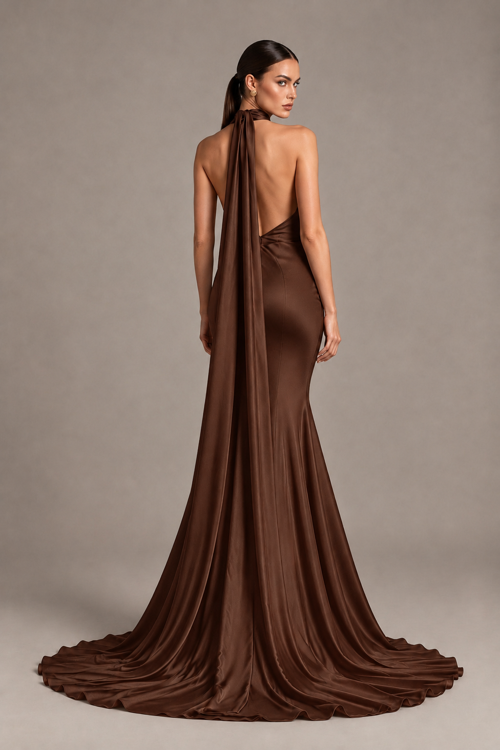 BOLODOO Brown One-Shoulder Satin Mermaid Evening Dress with Scarf - Brown - Brown_2