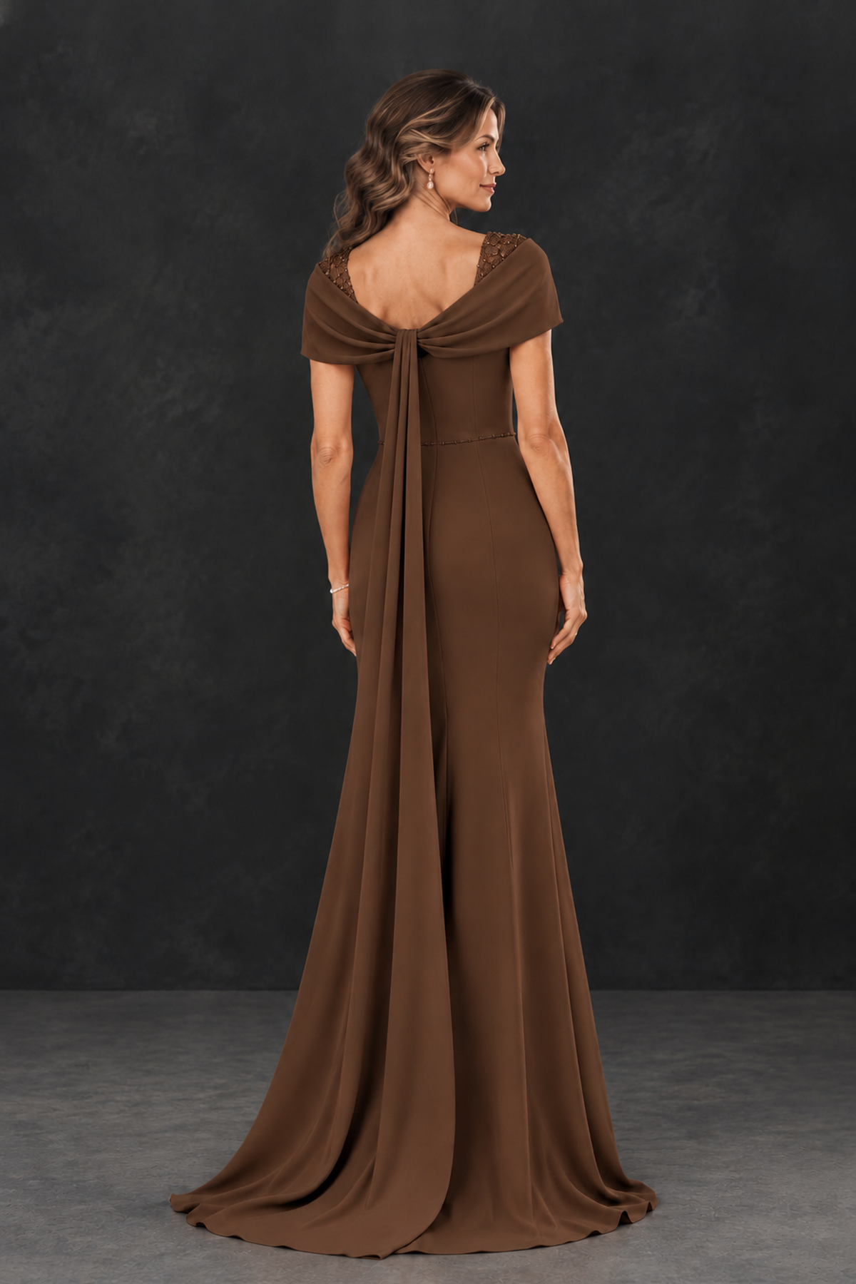 BOLODOO Brown Mother of the Bride Dress with Draped Cape Detail - Brown - Brown_2