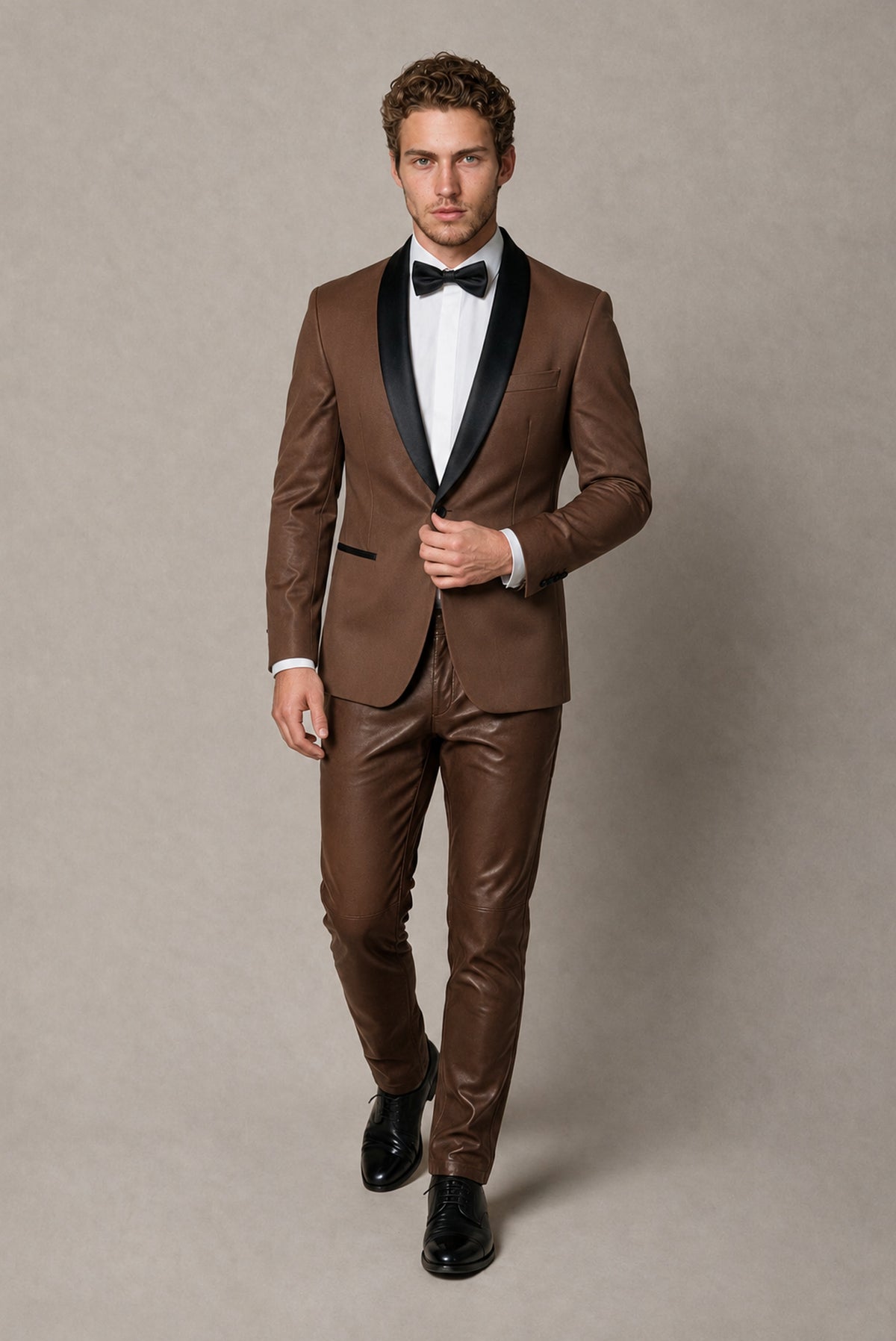 BOLODOO Men's Brown Tuxedo Blazer | Black Shawl Lapel Single-Breasted Formal Jacket - Brown