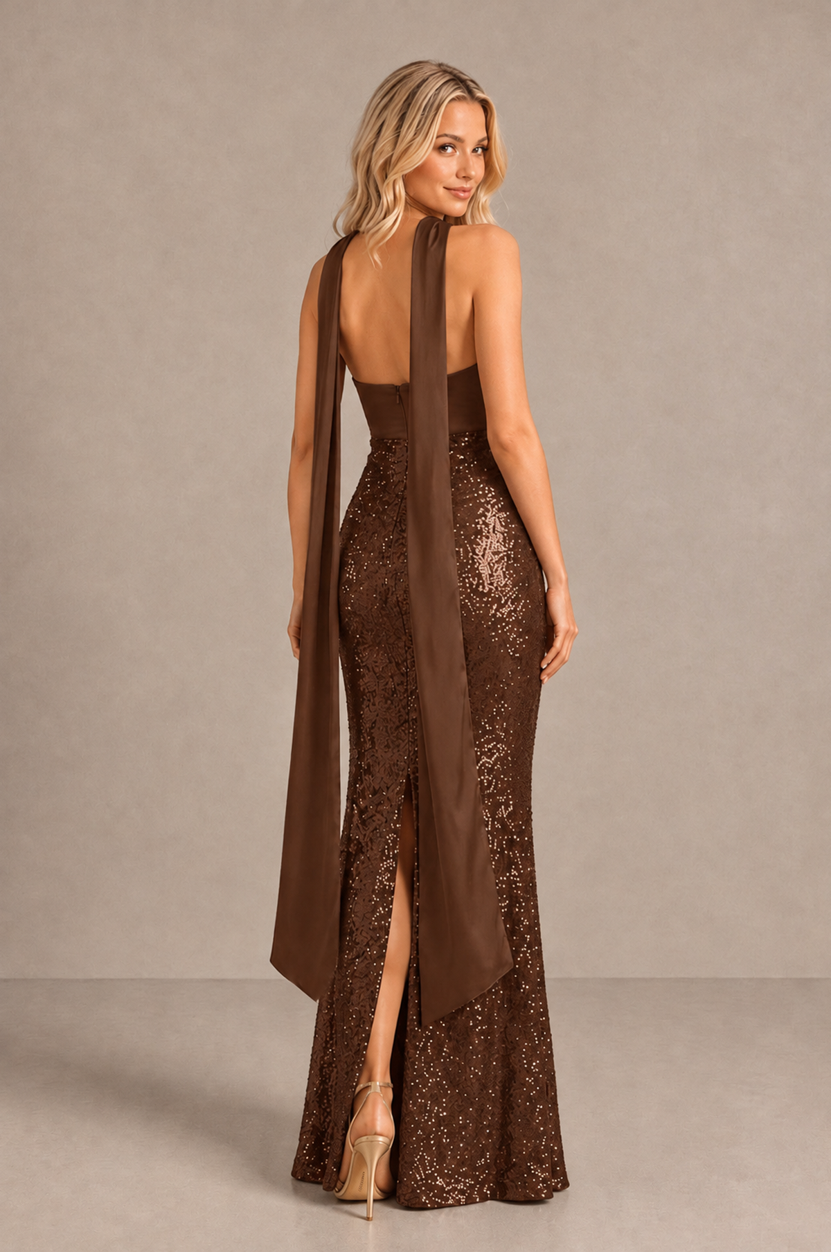 BOLODOO Brown Strapless Sweetheart Evening Dress with Scarf - Brown - Brown_2