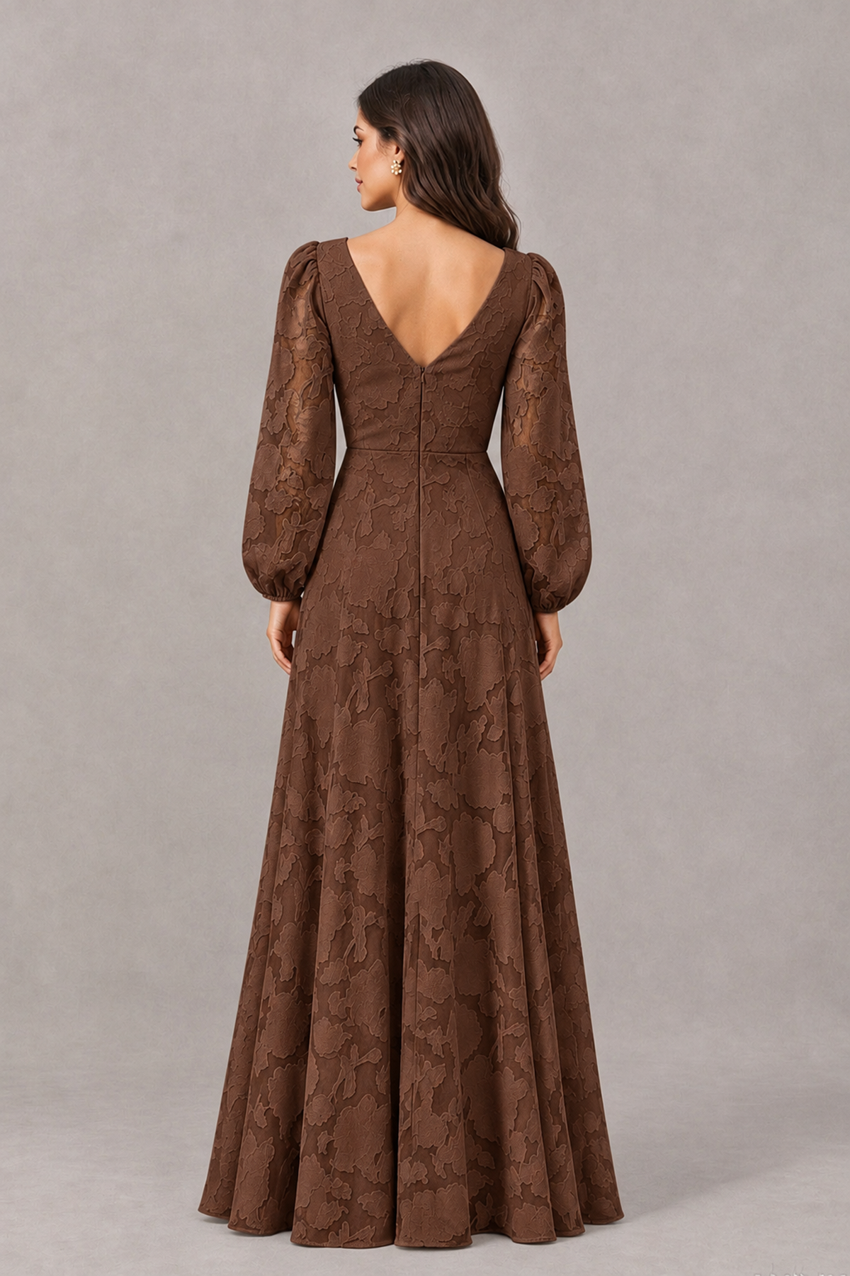 BOLODOO Brown Long Sleeve V-Neck A-Line Mother of the Bride Dress - Brown - Brown_2