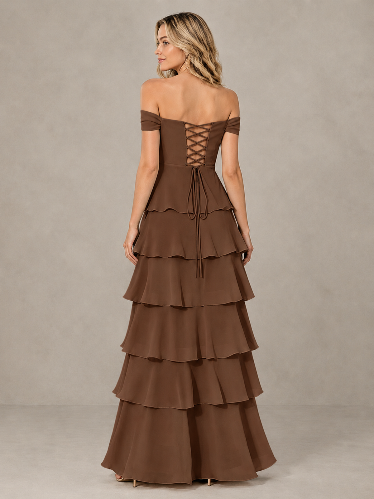 BOLODOO Brown Off-Shoulder Tiered Ruffle Bridesmaid Dress with Lace-Up Back - Brown - Brown_2