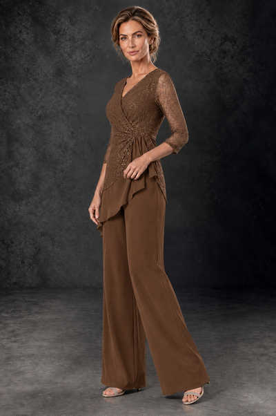 BOLODOO Brown Sequin Lace 3/4 Sleeve Chiffon Mother of the Bride Pant Suit - Brown - Brown_2