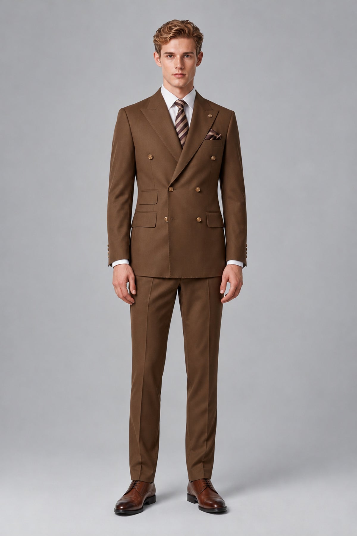 Bolodoo Men's Brown Double-Breasted 2-Piece Wedding Suit - Brown - Brown_2
