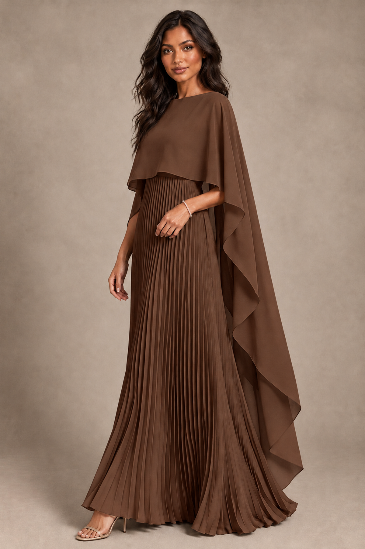 BOLODOO Brown Pleated Cape A-Line Evening Dress - Brown - Brown_2