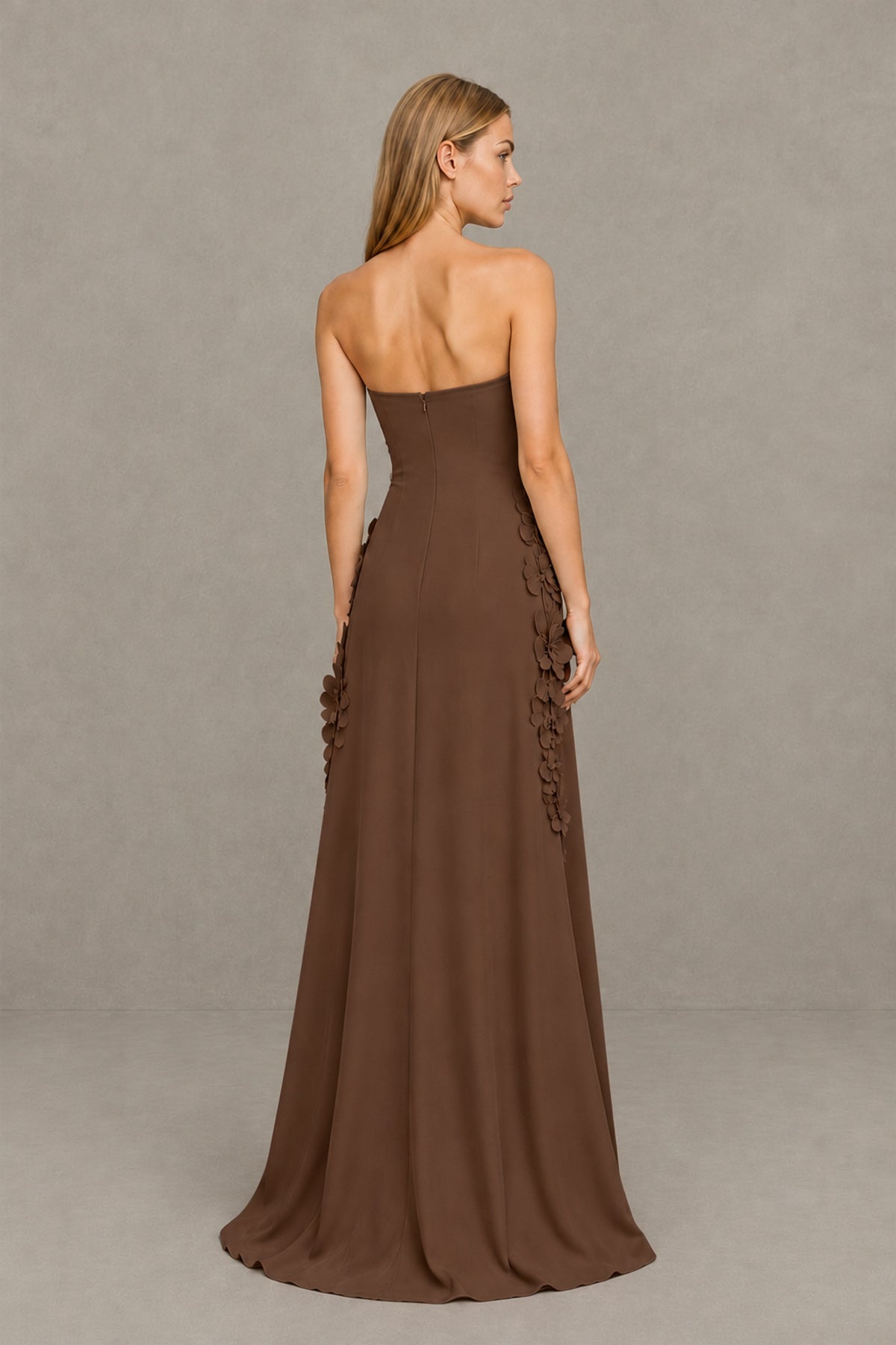 BOLODOO Brown Strapless 3D Floral Appliqué Crepe Maxi Gown - Brown - Brown_2